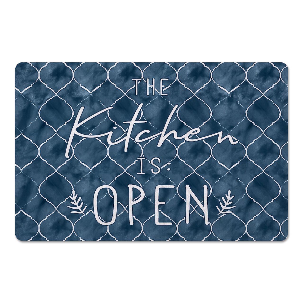 Blue with White The Kitchen is Open Text Floor Mat